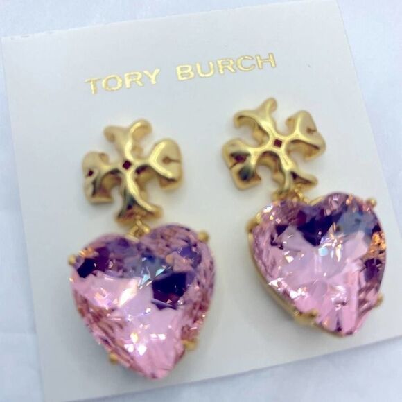 New Tory Burch Roxanne Gold,Pink Crystal Heart Earirng - Picture 5 of 9
